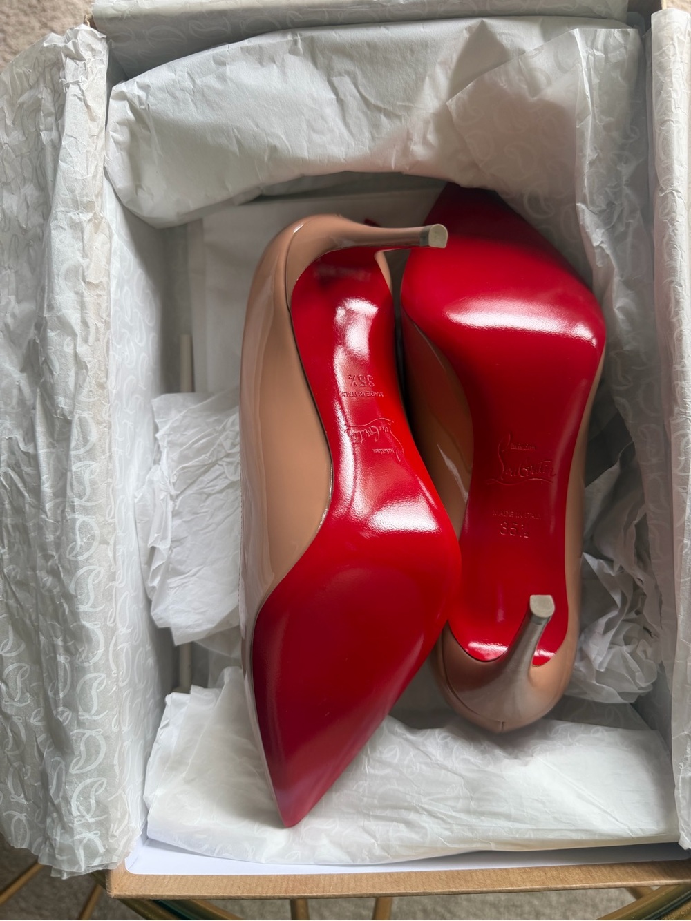 Christian Louboutin Nude Patent Pointed-Toe Pumps with Red Soles